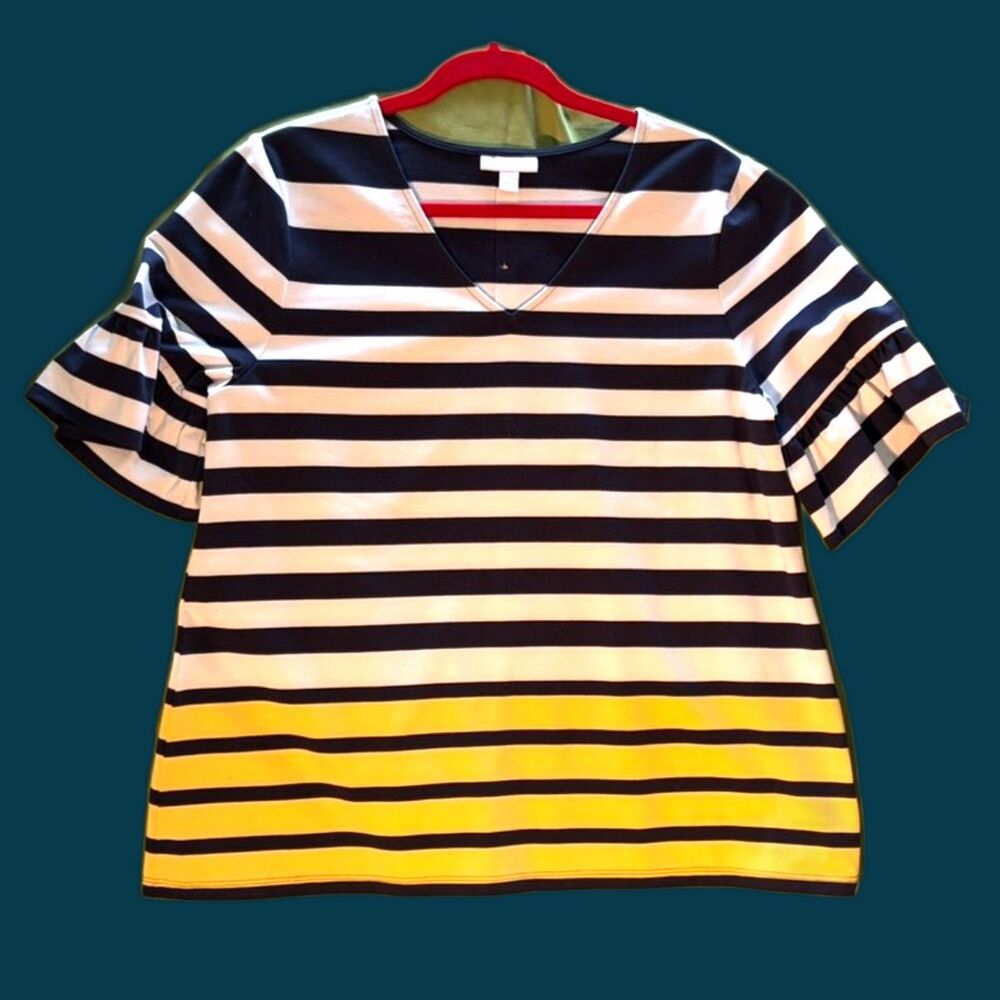 Charter Club Women's size L navy yellow White stripe V neck top blouse knit